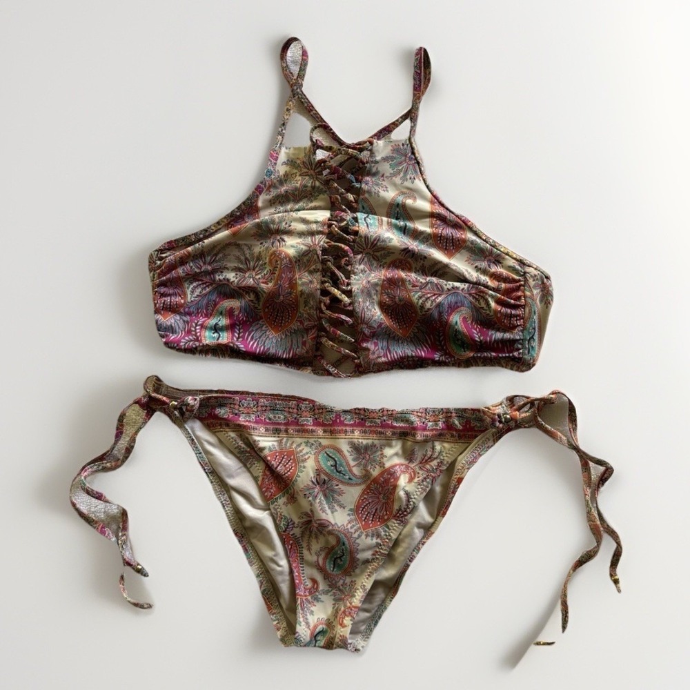 Nanette Lepore Bikini Set Womens Small Multicolor Paisley Lace Up High Neck Boho